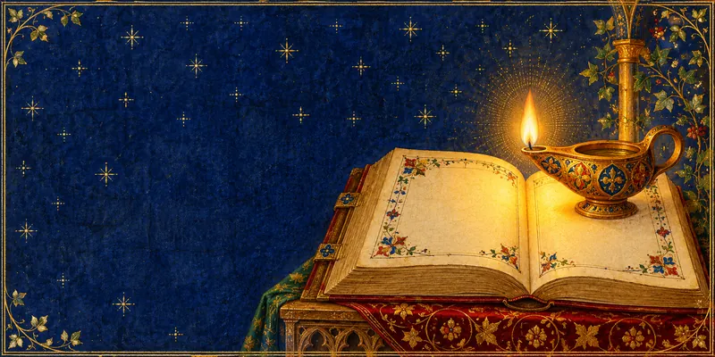 Une lampe à huile allumée près d’une Bible enluminée ouverte, la nuit